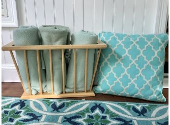 Wooden Magazine Holder With Throw Blankets And Pillow
