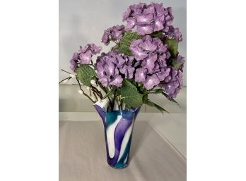 Purple, Blue And White Glass Vase With Faux Hydrangeas