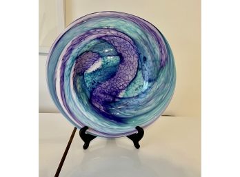 Stunning Blue And Purple Swirl Design In Blown Glass Plate By Texas Artist Marti Johnson
