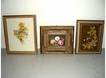 Lot Of 3 Framed Items: Dried Flowers, Oil On Board, Print