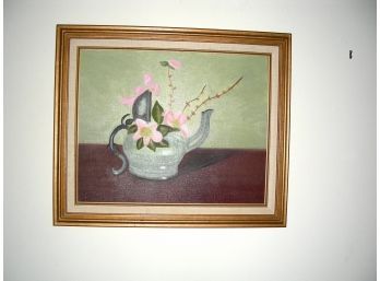 Original Framed Oil On Canvas: Flowers In A Teapot