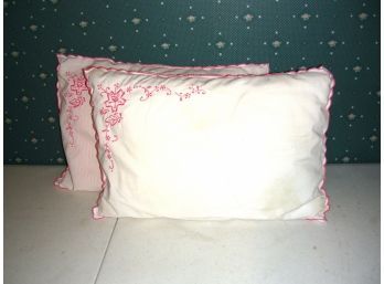 Pair Of White Pillows With Pink Decoration