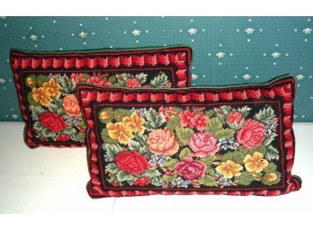 Pair Of Floral Needlepoint Pillows With Roses