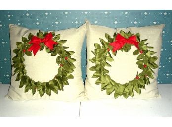 Pair Of Pillows With Christmas Wreath Decoration