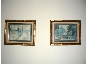 Lot Of Two Lithographs In Bamboo-style Frames