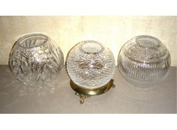 Lot Of 3 Lead Crystal Rose Bowls, One On Stand
