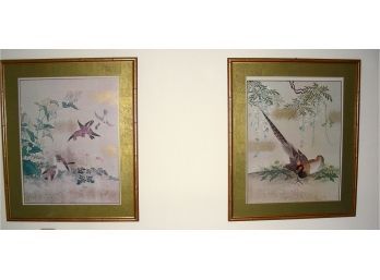 Pair Of Bird Prints In Bamboo-style Frames