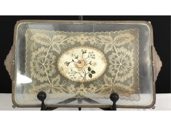 Antique Brass And Glass Dressing Table Tray With  Lace Insert
