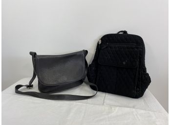 Black Leather Coach Bag And Vera Bradley Quilted Backpack