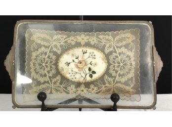 Antique Brass And Glass Dressing Table Tray With  Lace Insert
