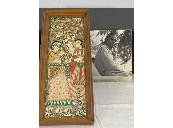 Indian  Art Painted Framed Fabric  And Photograph