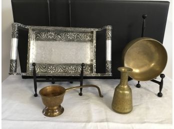 Oxidized Embossed Aluminum Wood Serving  Tray And Brass Lot