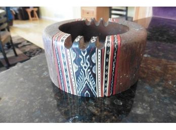 T'Boli Ashtray Cocowood Hand Painted Philippines Western Style Wooden Vintage