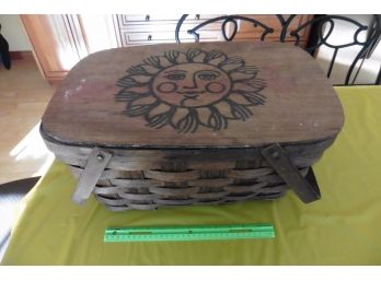 Vintage Wicker Picnic Basket Decor With Sun Face Hand Painted On Top