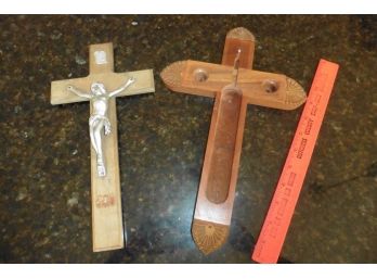 2 Vintage Wooden Crosses Brass Jesus Crucifixion Wall Decor Estate Find Candle