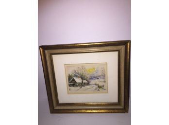 Stunning Winter Cabin Landscape Framed And Matted Watercolor