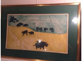 Unique Mixed Media Of Cows Grazing Signed, Framed And Matted