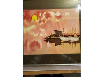 Water Color On Paper Boat And Harbor Scene, Signed By Kostya