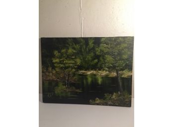 Stunning Signed Oil Pn Canvas Forest Pond Landscape Scene