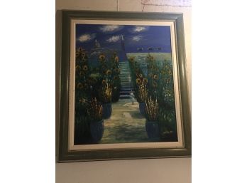 Absolutely Stunning Impressionist Oil On Canvas Unique Walking In Oversized Garden Beautifully Framed & Matted