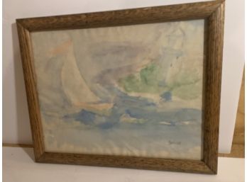 Signed Watercolor Of Sailboat And Lighthouse, Oak Frame