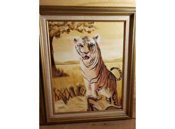 Tiger In The Plains. Vintage Oil On Canvas. Signed By Artist.