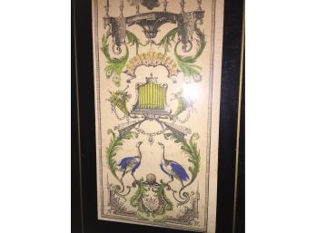 Amazing Tall Victorian Ink And Watercolor With Peacocks Cherubs And More Framed And Matted  Great Mixed Media