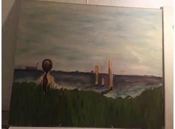 Large  Vintage Oil On Canvas Landscape,  Woman Looking At A Town From Afar,  Signed
