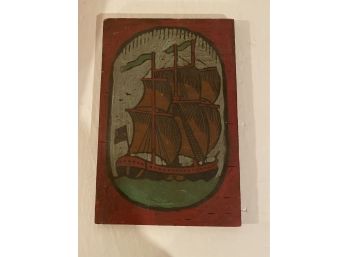 Vintage Oil Painting On Wood Of An American Ship