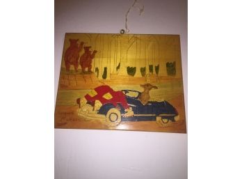 Signed Wood Engraved Painted Ironic Reindeer Driving,  Hunting Men Marquette Michigan 9 12x 8