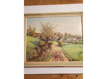 Country Village, Vintage Oil On Board, Signed By Alfons Zobel