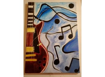 Guitar And Music Notes, Oil On Canvas, Signed.