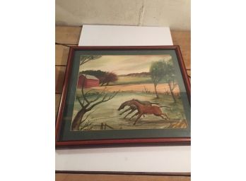 Beautiful Watercolor Of Horses Running On The Farm Framed And Matted