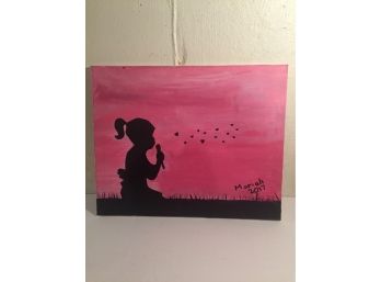 Oil On Canvas Little Girl Blowing Heart Bubbles Signed Mariah