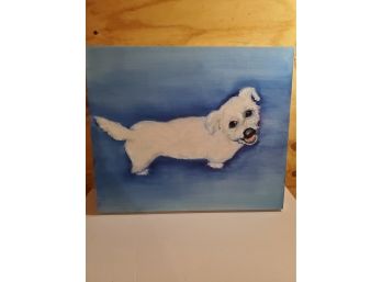 Small White Dog On Blue Background. Oil On Canvas.