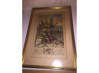 Hand Colored Copper Engraving By Richard Bloom 1684  Woman Om The Shore, Ship At Sea Framed And Matted