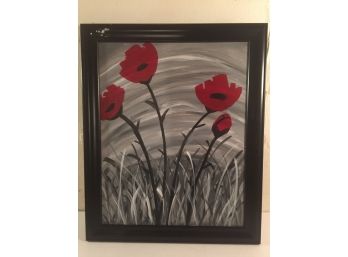 Beautiful  Framed Painting Poppies On Canvas Signed