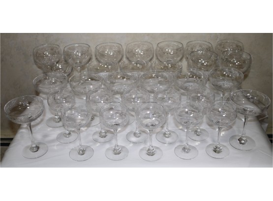 Wheel-Etched Crystal Glass Stemware- 31 Pieces Total