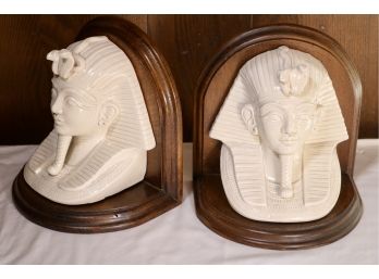 Pair Of Ceramic King Tut Bookends On Wood