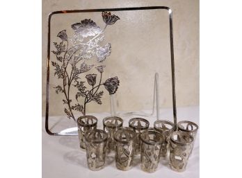 Mexican Sterling Silver Overlay Glasses And Tray
