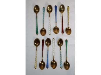 Set Of 12 Danish Sterling Silver & Enamel Demi Tas Spoons