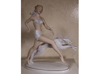 Art Deco Wallendorf Porcelain Woman With Greyhound