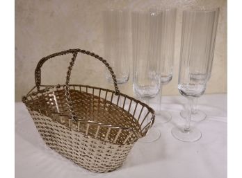 Cristofle Champagne Caddy & 5 Crystal Flutes