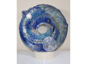 'The Tempest' Blue Art Glass Etched Sculpture By Susan Gott
