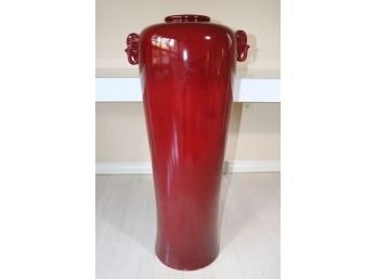 Tall Oxblood Ceramic Vessel With Elephant Accents