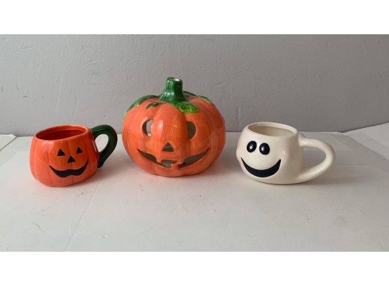 Lot Of 3 Halloween Ceramic Cup & Candleholder