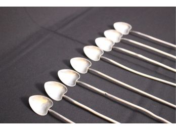 Set Of Eight Sterling Silver Heart Shaped Ice Tea Spoons