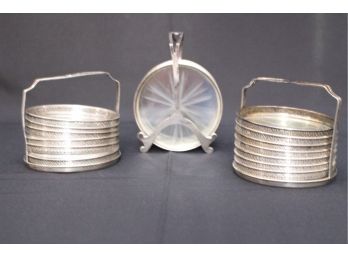 Three Sets Of Silver Coasters With Etched Glass Centers Marked 'Sterling' In Sterling Silver Coaster Caddy