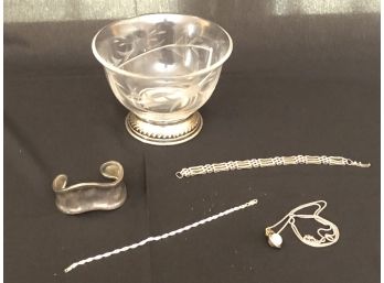 Three Silver Bracelets, A Pearl Necklace And A Cut Glass Silver Based Candy Dish
