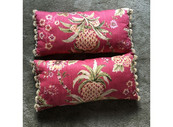 Red Patterned Lumbar Pillows With Pom Pom Trim